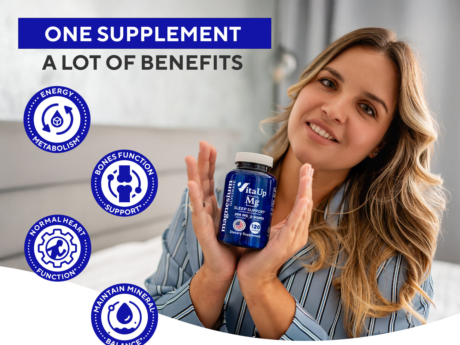 Promotional banner for VitaUp Magnesium Glycinate showing happy woman holding the bottle, health benefit icons (sleep, metabolism, heart, bone), 200mg dosage, and natural ingredients like avocado and nuts.