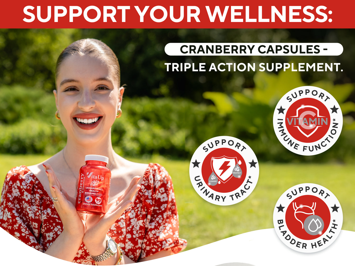 Vibrant banner featuring a cheerful woman holding VitaUp Cranberry Capsules with grapefruit, cranberries, and D-mannose powder in foreground; emphasizes support for urinary, immune, and bladder health