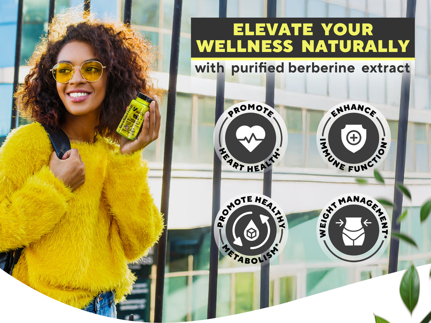 Bright lifestyle banner showcasing VitaUp Berberine supplement with a stylish woman smiling while holding the product, emphasizing its 97% purity and benefits for heart health, metabolism, immune function, and weight management, surrounded by vibrant ingredients and capsules.