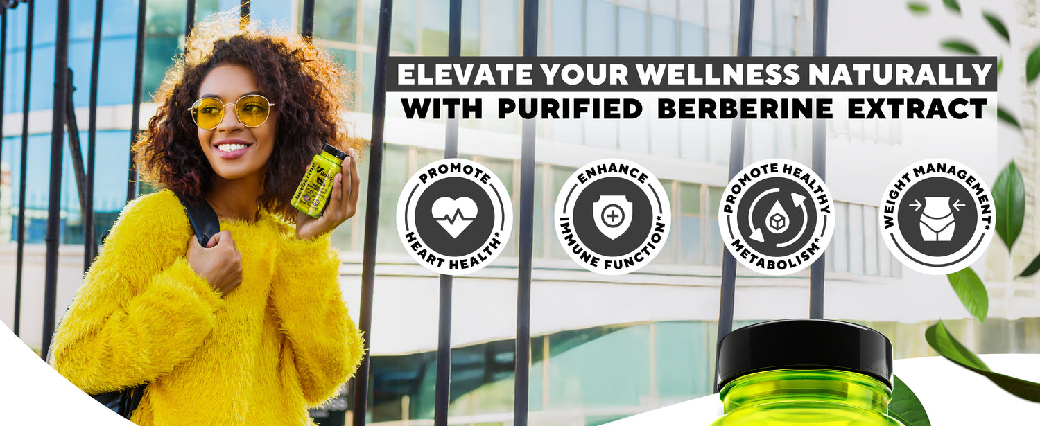Bright lifestyle banner showcasing VitaUp Berberine supplement with a stylish woman smiling while holding the product, emphasizing its 97% purity and benefits for heart health, metabolism, immune function, and weight management, surrounded by vibrant ingredients and capsules.
