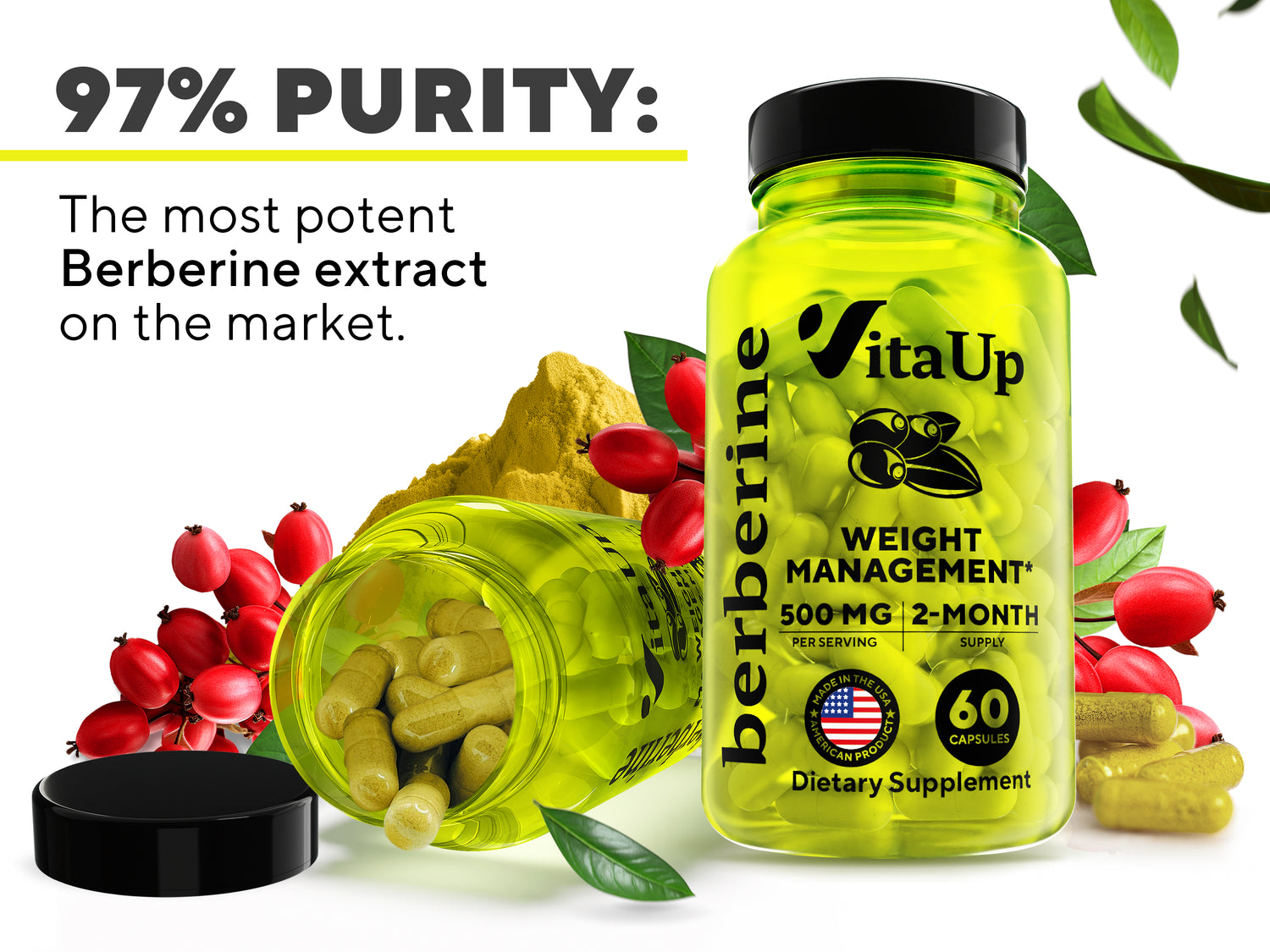 97% purity and benefits for heart health, metabolism, immune function, and weight management, surrounded by vibrant ingredients and capsules.