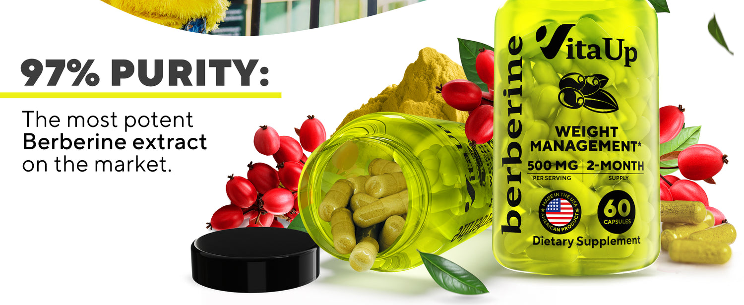 97% purity and benefits for heart health, metabolism, immune function, and weight management, surrounded by vibrant ingredients and capsules.