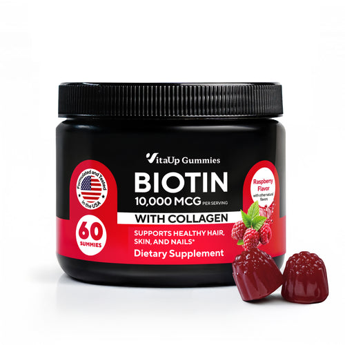 VitaUp Biotin 10,000 mcg with Collagen gummies jar, raspberry flavor, 60 count supplement