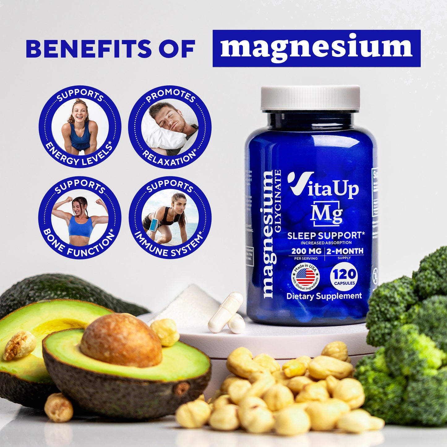 VitaUp Magnesium bottle placed among healthy foods like avocados, cashews, and broccoli. Surrounded by icons showing magnesium benefits: energy support, relaxation, bone function, and immune system support.