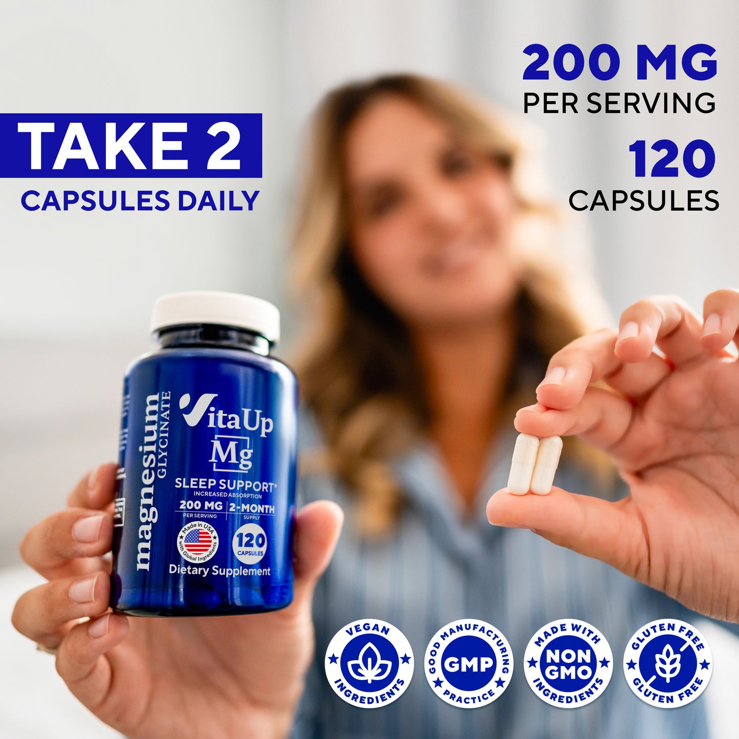 Woman holding a bottle of VitaUp Magnesium in one hand and showing two capsules in the other. Text highlights taking 2 capsules daily with 200mg per serving and 120 capsules total. Certification icons shown at the bottom.
