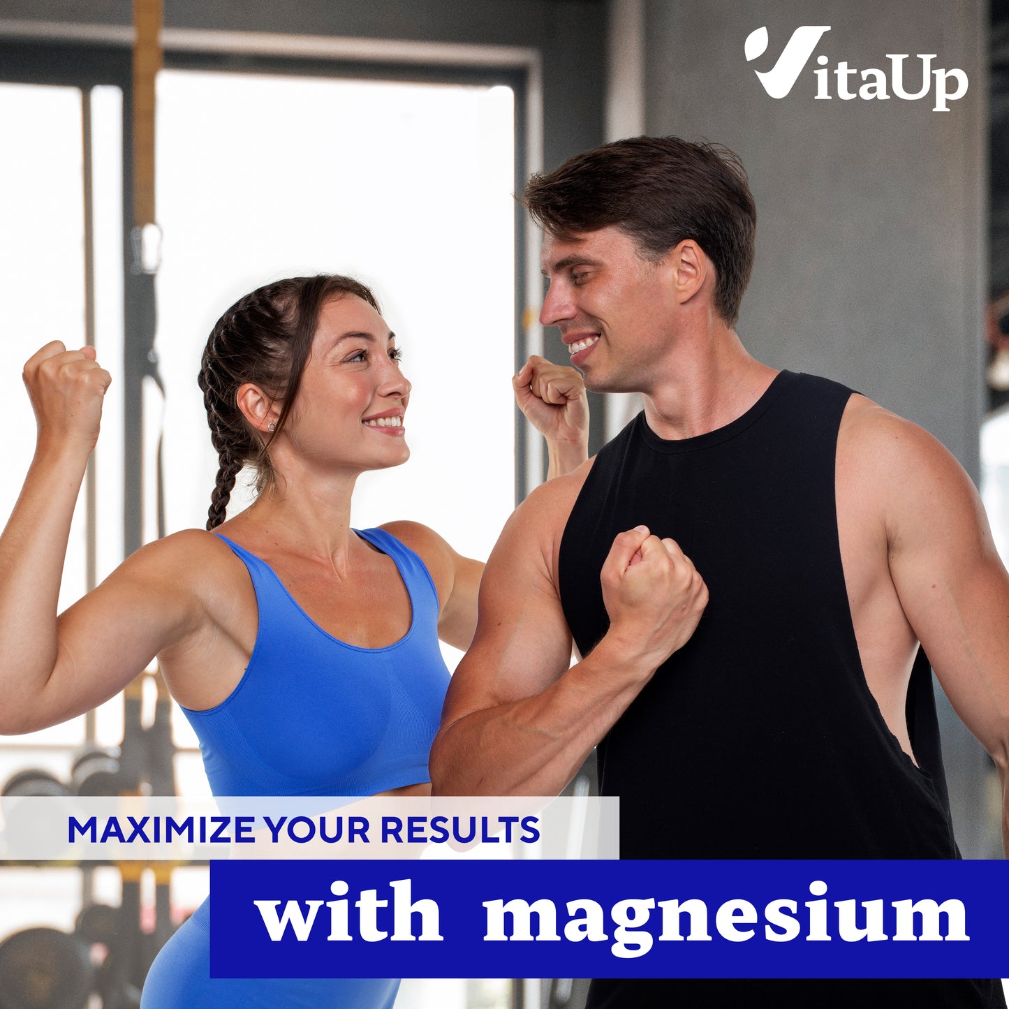 Fit man and woman in workout attire flexing and smiling at each other in a gym setting. Text overlay says "Maximize your results with magnesium" and features VitaUp branding.