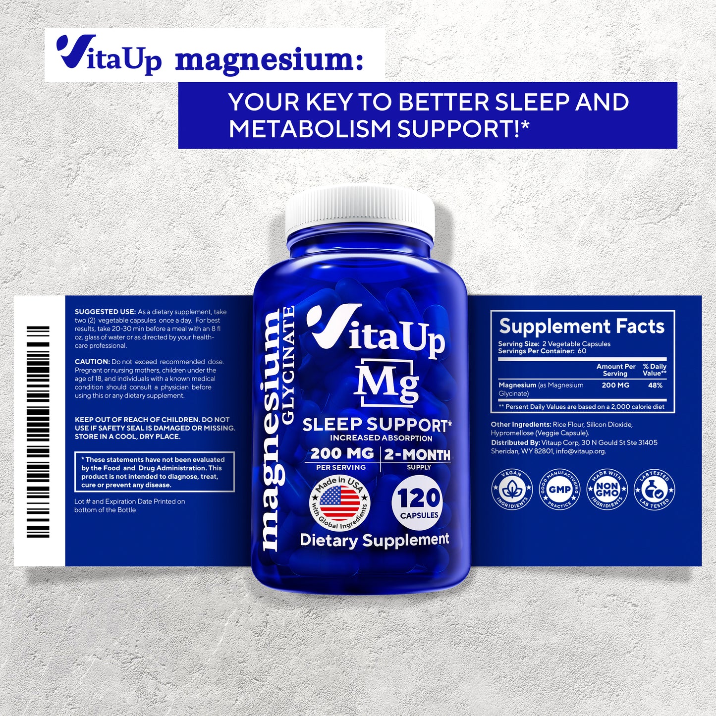 Full label display of VitaUp Magnesium Glycinate showing front, supplement facts, suggested use, and benefits. The text emphasizes better sleep and metabolism support, 200mg magnesium per serving, and a 2-month supply.