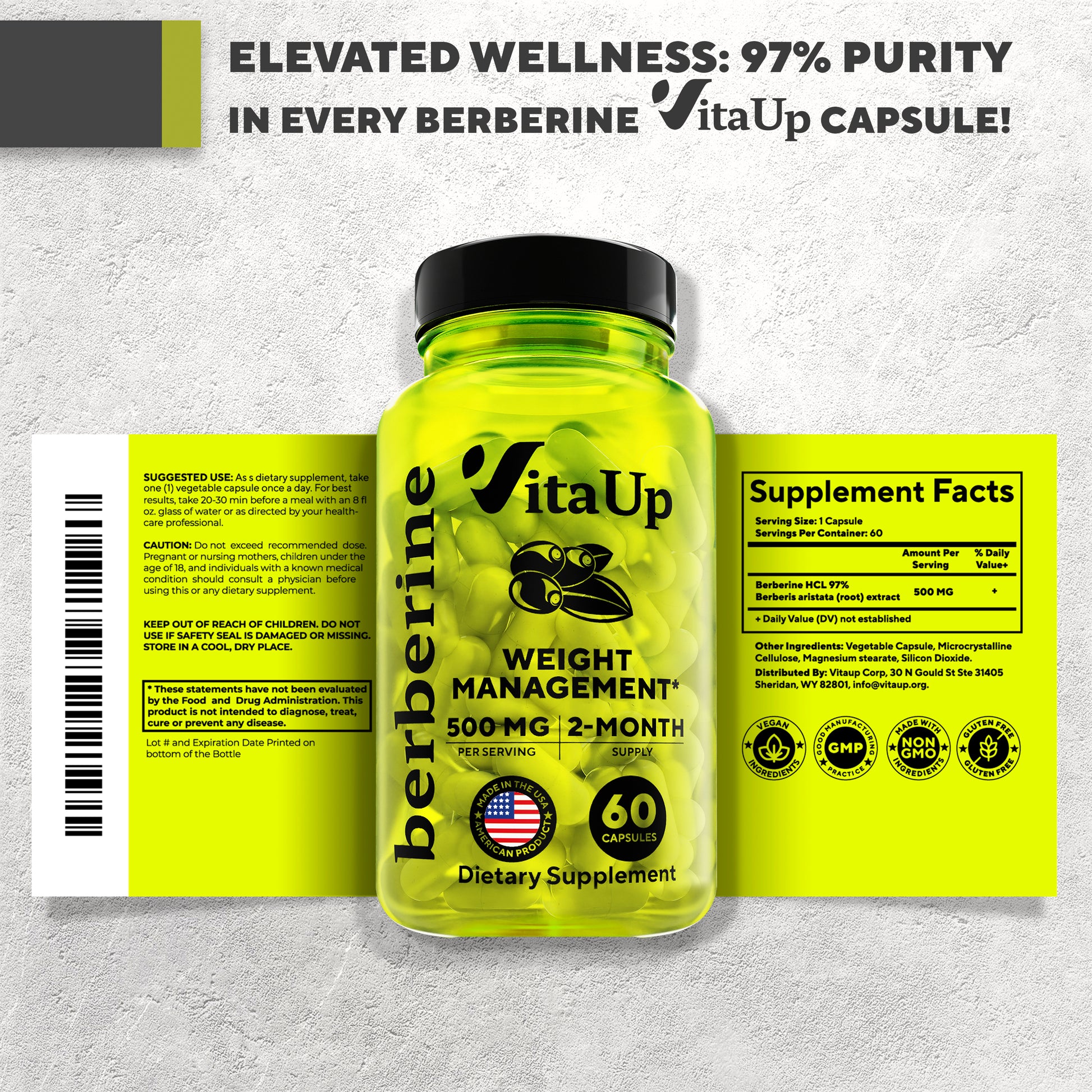 Supplement facts and nutrition label for VitaUp Berberine with dosage and ingredient information.