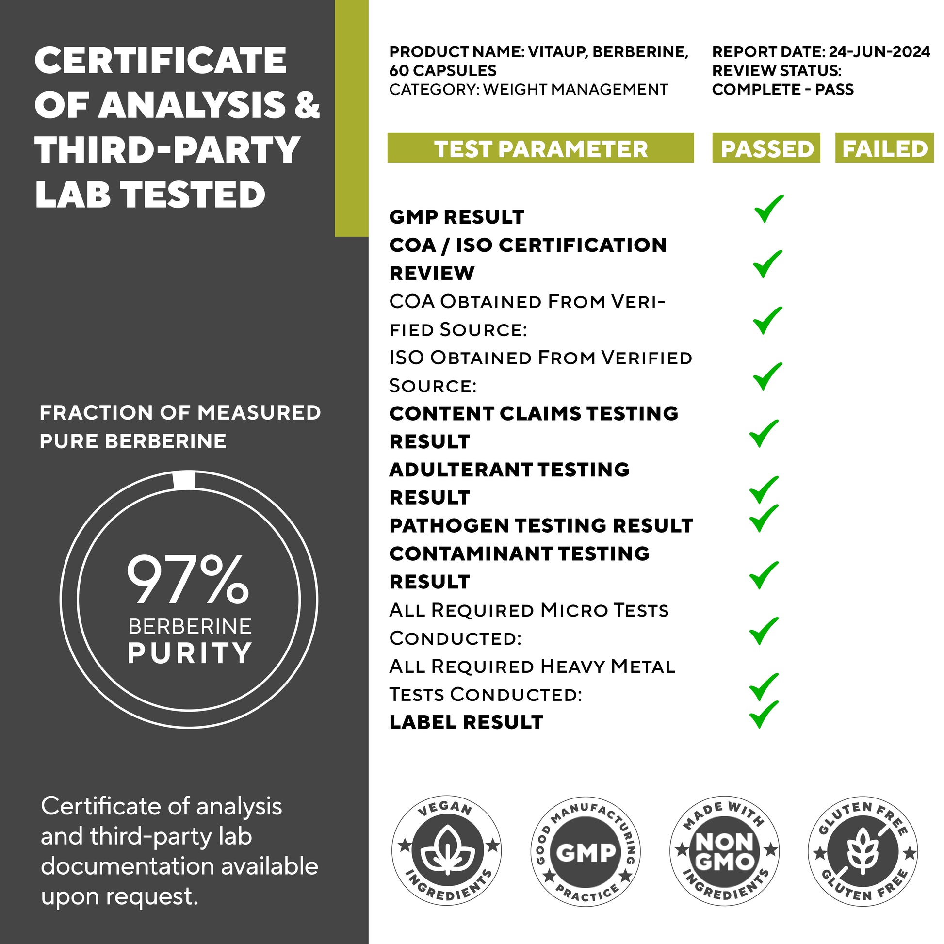 Certification highlights for VitaUp Berberine – made in the USA, GMP certified, vegan, non-GMO, and third-party tested.