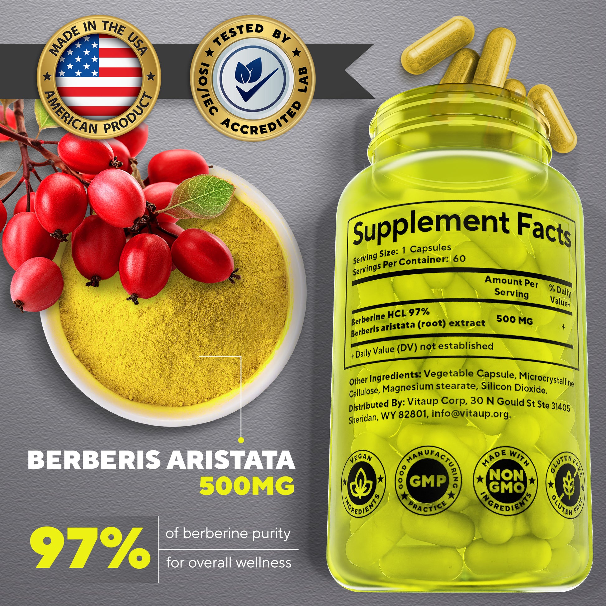 Ingredients breakdown of VitaUp Berberine showing 1200mg per serving with enhanced absorption formula.