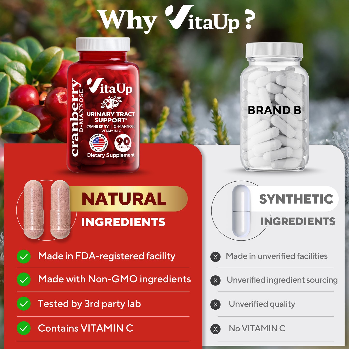 VitaUp supplement bottle with natural ingredients claims and comparison to a competing brand.