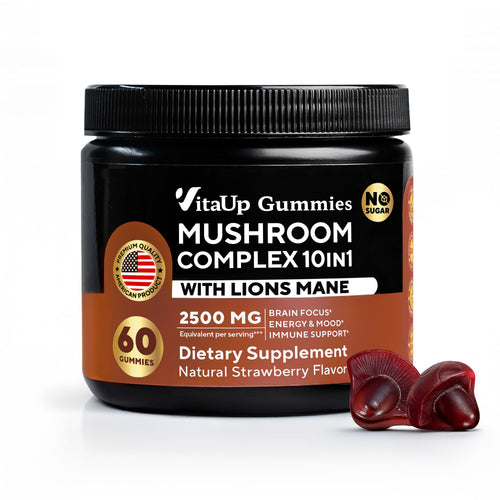 VitaUp Gummies Mushroom Complex 10-in-1 with Lion’s Mane, brain and mood support, strawberry flavor