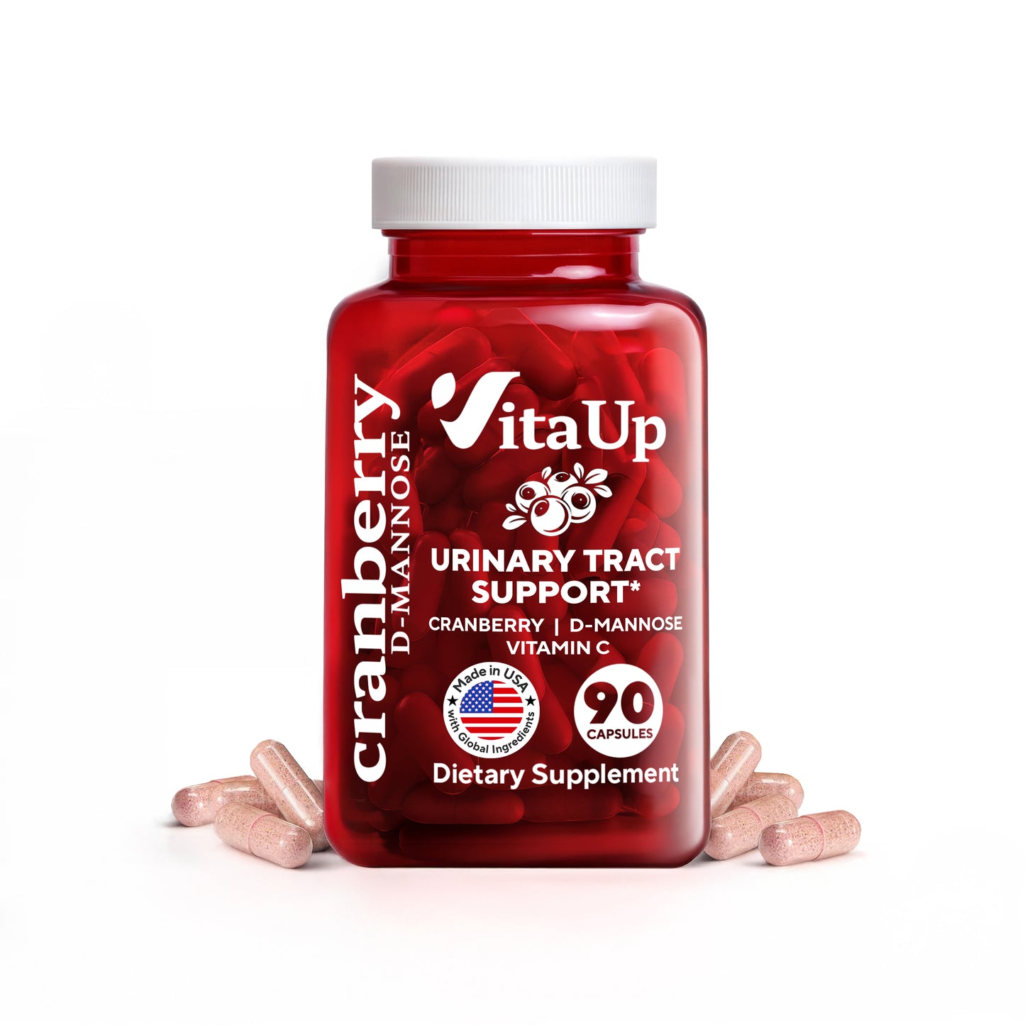 Red supplement bottle labeled 'VitaUp' with cranberry D-mannose on a white background