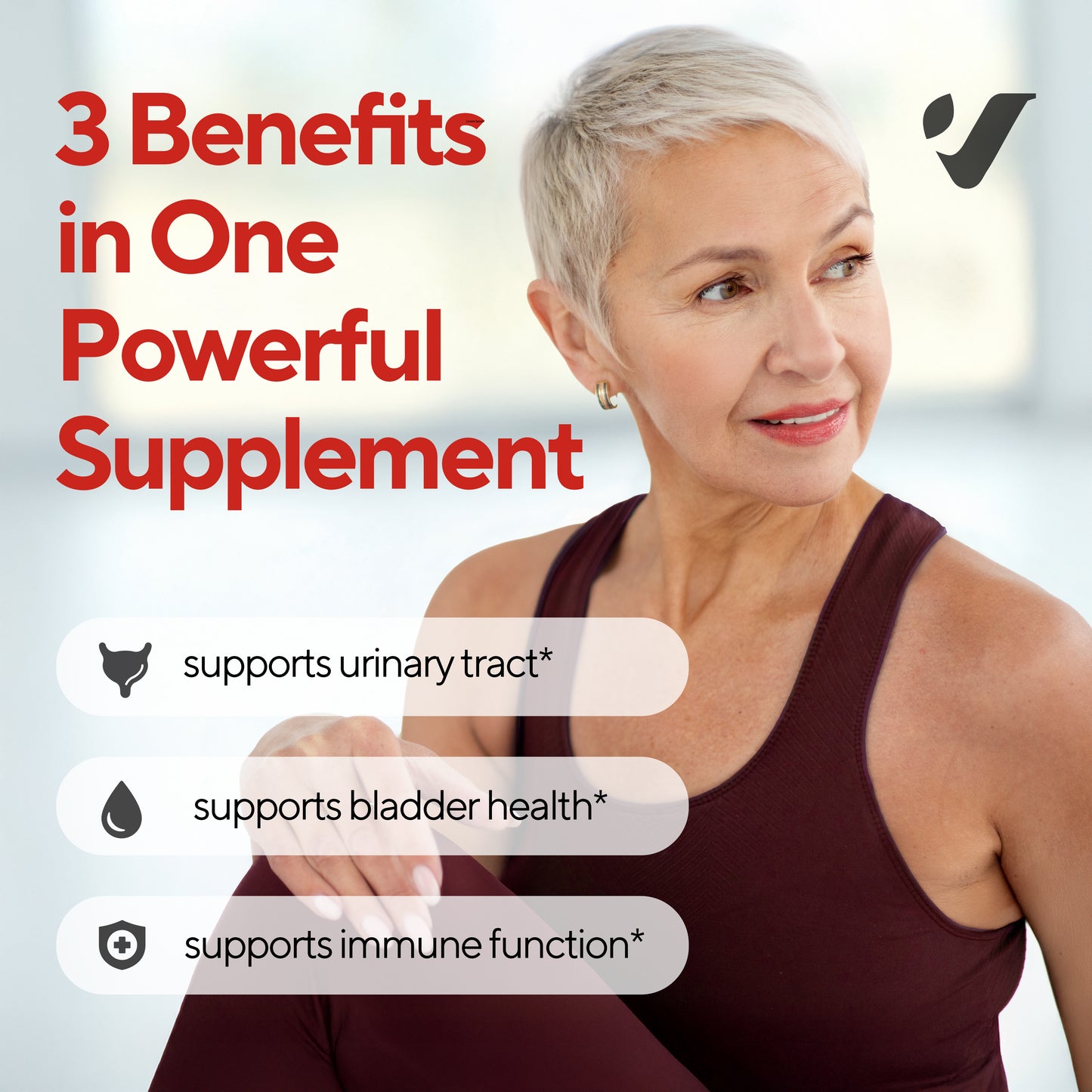 smiling older woman in workout clothing with text: “3 Benefits in One Powerful Supplement.”