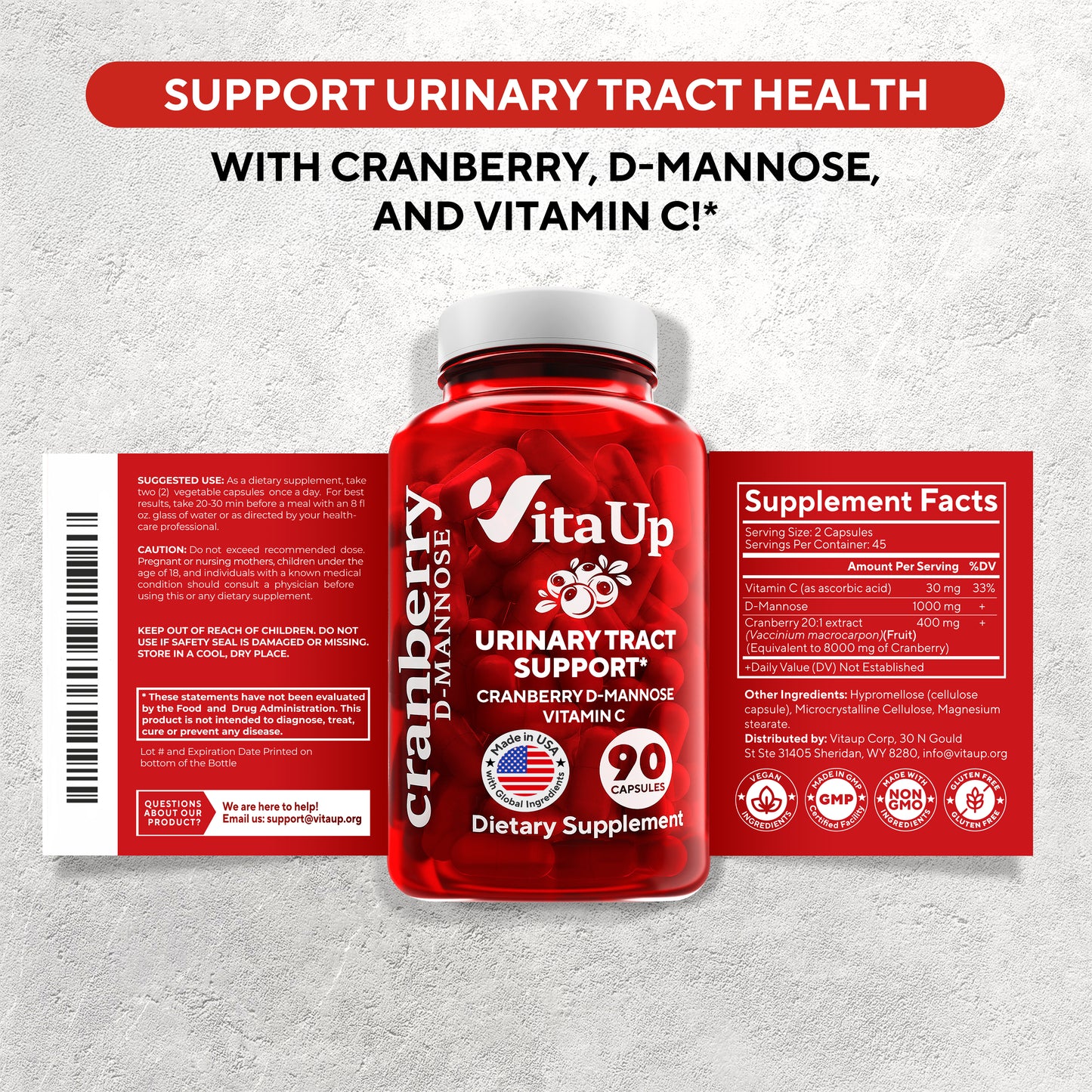 Vita Up urinary tract support supplement bottle with label and supplement facts on a gray background
