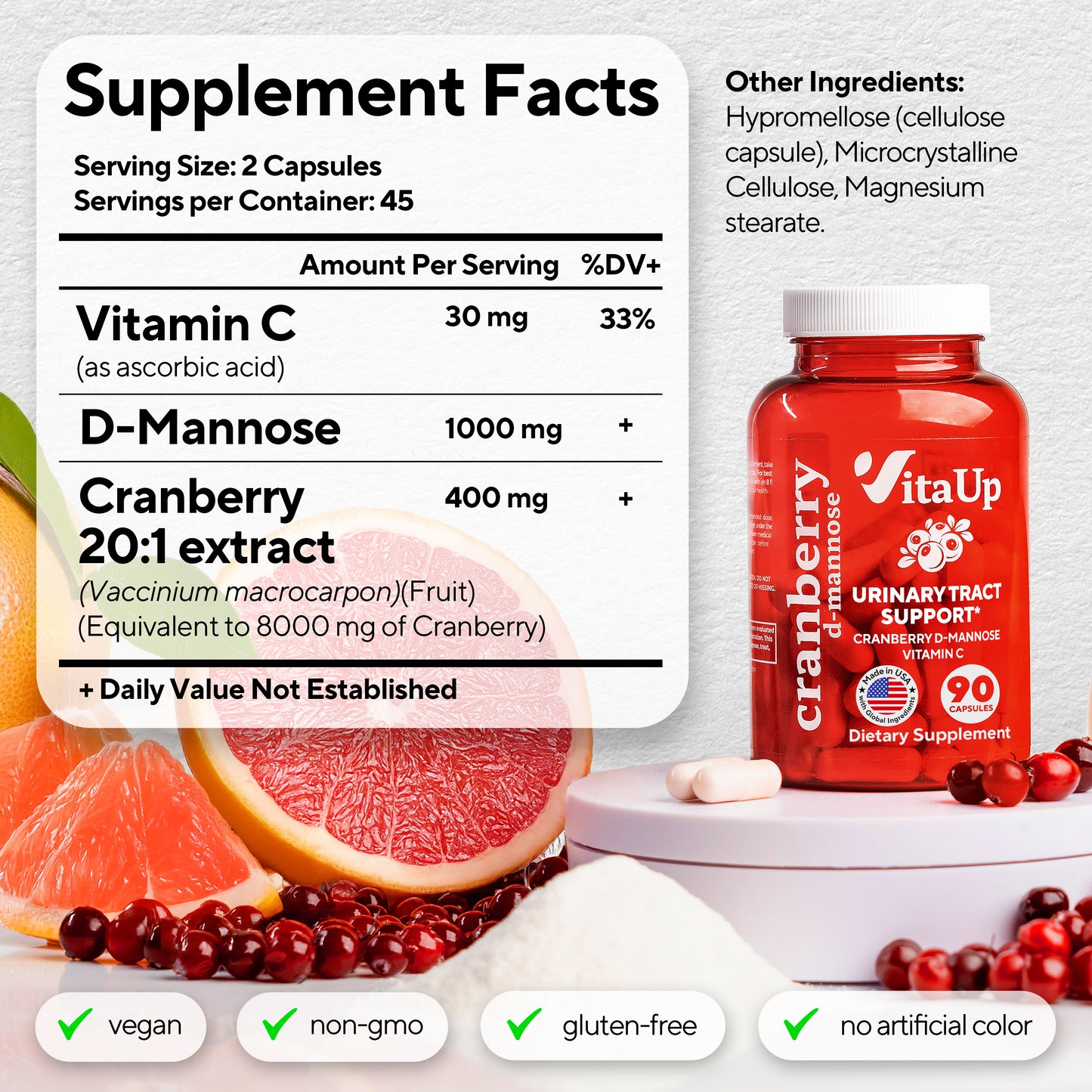 VitaUp cranberry dietary supplement bottle with supplement facts label and fruit background
