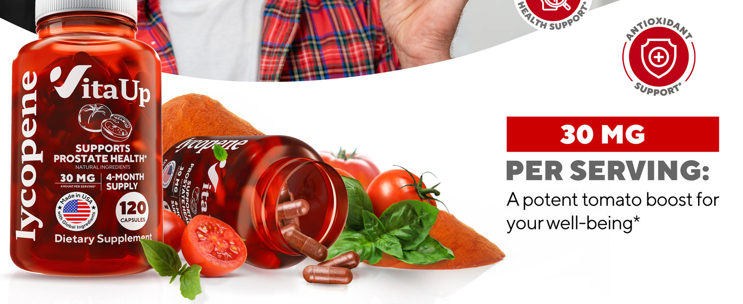 Marketing image for VitaUp Lycopene supplement highlighting 30 mg per serving. The product claims to support prostate health and antioxidant support. A tipped bottle with capsules is shown alongside tomatoes, tomato powder, and basil. Text reads “A potent tomato boost for your well-being*