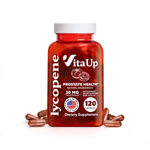 VitaUp Lycopene supplement bottle with 120 capsules for prostate health, displayed with several brown capsules around it.