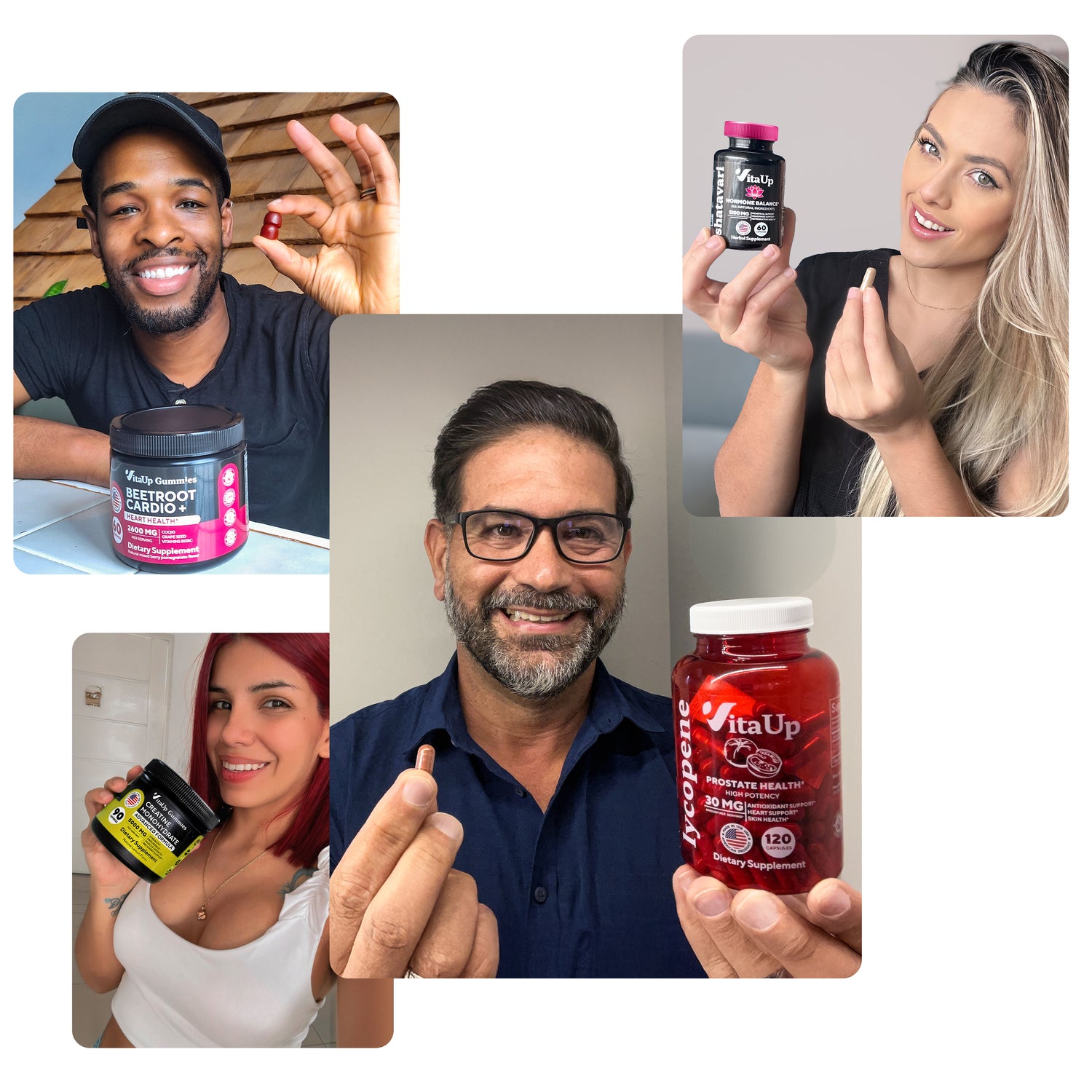 Image of four diverse happy customers—two women and two men—each holding different VitaUp supplements with smiling expressions. A promotional banner encourages visitors to take the personalized product quiz to discover the best supplement match based on their unique needs and wellness goals.