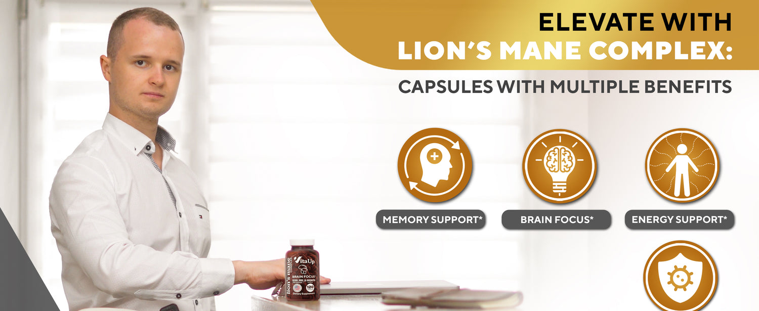 Promotional banner for VitaUp Lion’s Mane Complex highlighting its 10-in-1 mushroom formula with memory, focus, energy, and immune support, featuring both a man holding the product and an ingredient visual with mushrooms.