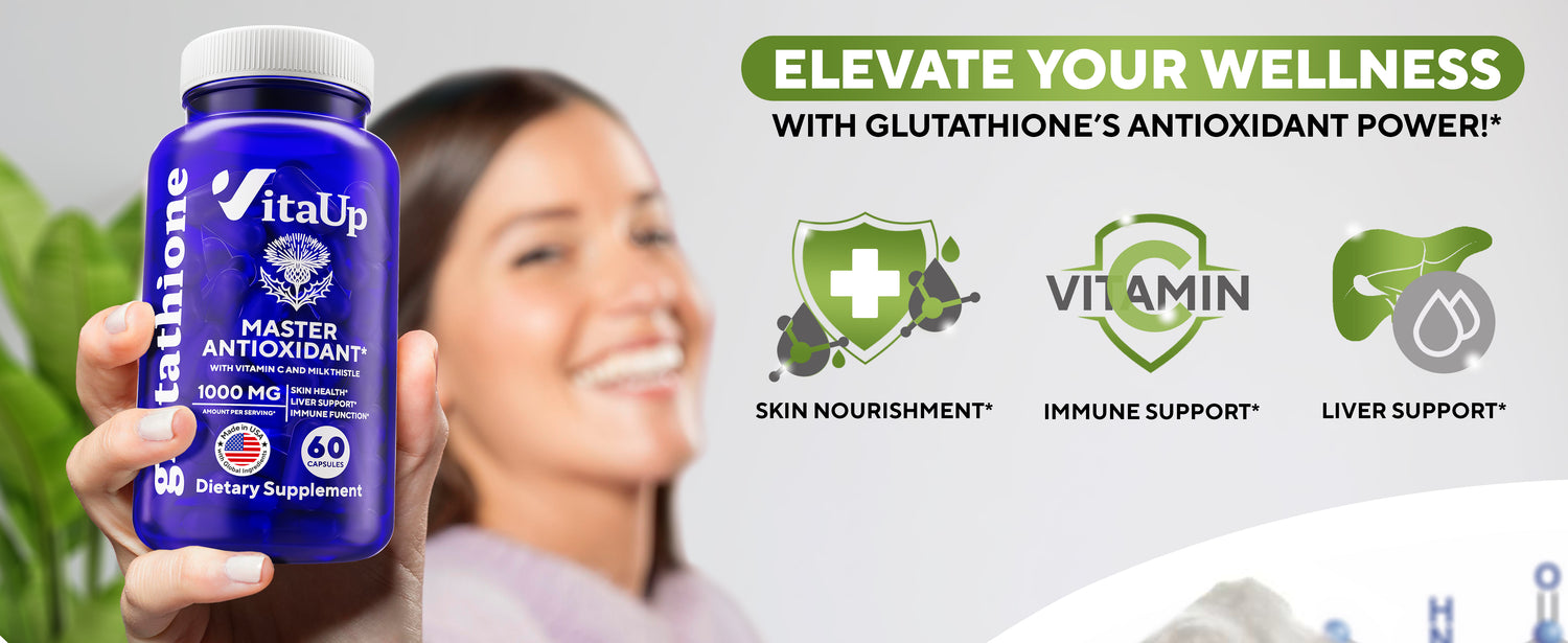 Promotional banner for VitaUp Glutathione supplement featuring three powerful ingredients, product benefits for skin, immunity, and liver, and an open bottle surrounded by powder and botanicals for a wellness-focused visual impact.