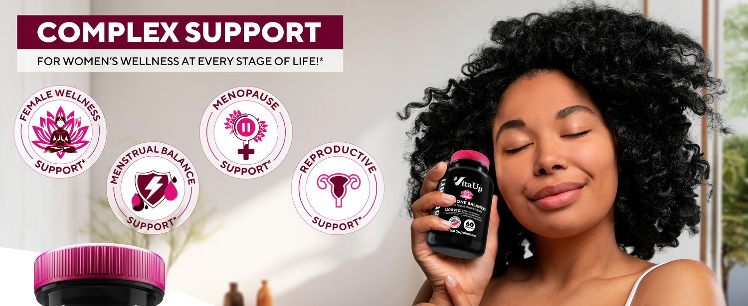 Vibrant Shatavari supplement banner featuring a woman smiling with eyes closed, holding the bottle, surrounded by the product capsules, natural Shatavari roots, and callouts for female wellness, menstrual balance, and reproductive support.