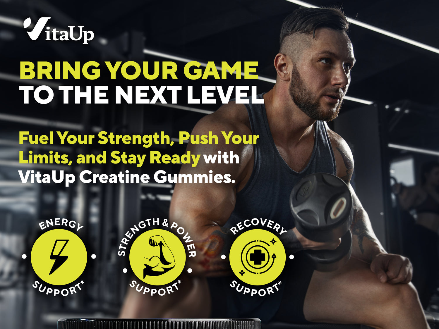 Muscular man in gym holding a shaker cup with VitaUp Creatine Monohydrate Gummies displayed in front, highlighting product benefits like easy absorption and workout support.
