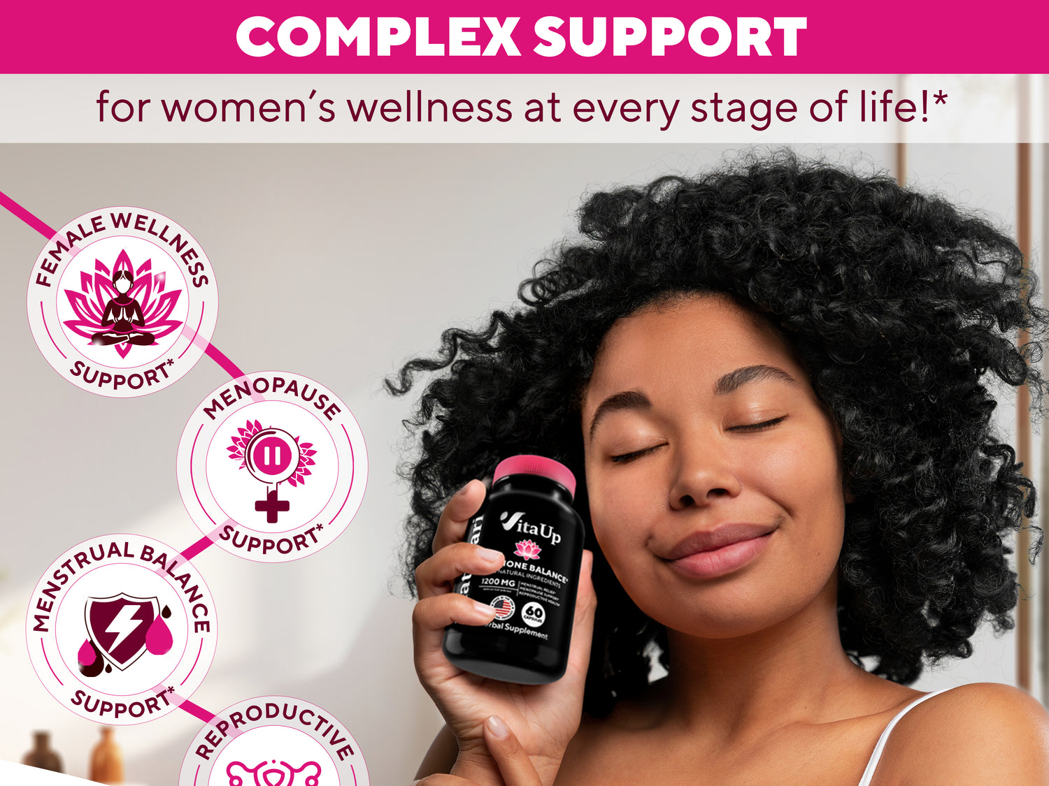 Vibrant Shatavari supplement banner featuring a woman smiling with eyes closed, holding the bottle, surrounded by the product capsules, natural Shatavari roots, and callouts for female wellness, menstrual balance, and reproductive support.