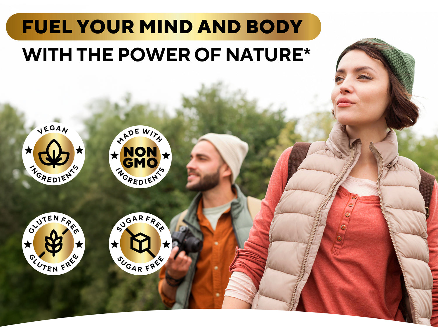 Promotional banner for VitaUp Mushroom Complex 10-in-1 Gummies featuring hikers, key premium ingredients like Lions Mane and reishi, and product benefits including brain focus, immune support, and energy boost.
