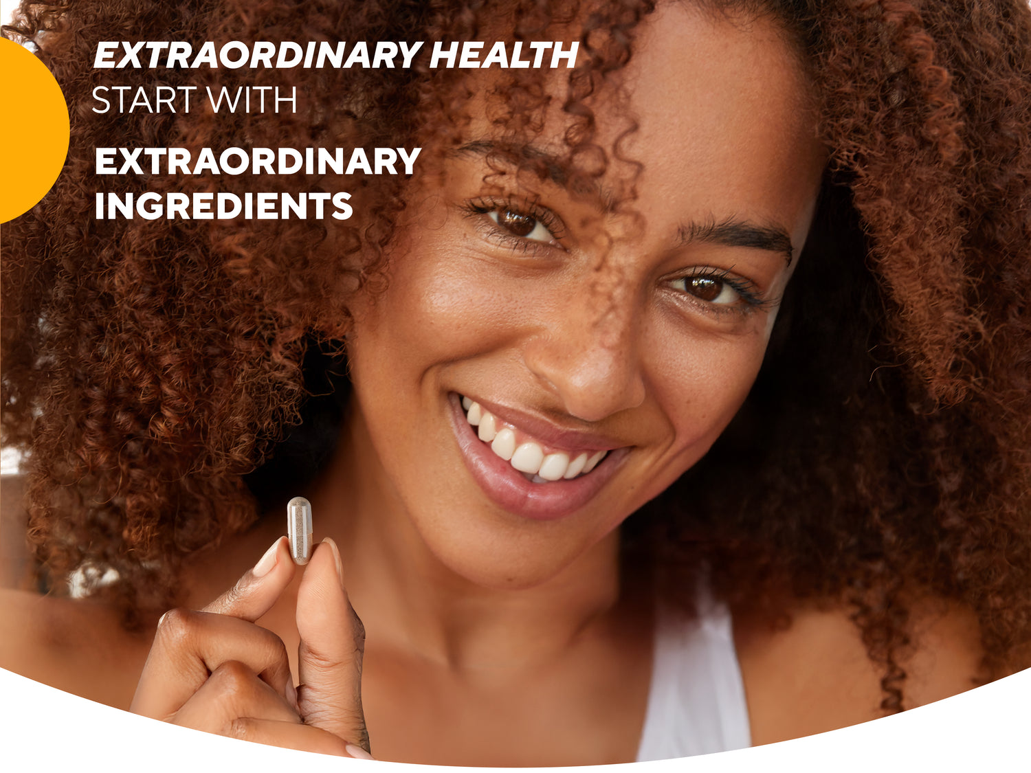 Woman smiling with VitaUp Complex Shilajit, highlighting extraordinary health through premium superfood ingredients.