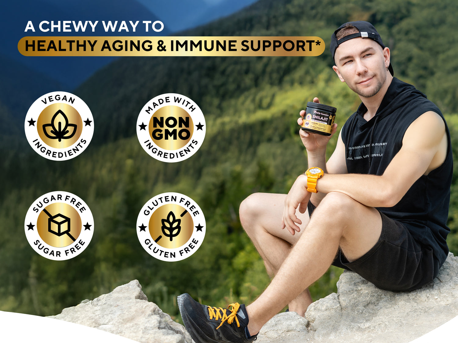 Banner showcasing VitaUp Shilajit Gummies with a sporty man holding the product, surrounded by natural ingredients like raspberries, watermelon, and pure Himalayan shilajit, with icons highlighting non-GMO, gluten-free, and sugar-free benefits.