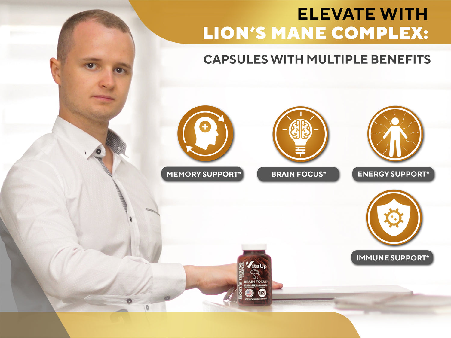 Promotional banner for VitaUp Lion’s Mane Complex highlighting its 10-in-1 mushroom formula with memory, focus, energy, and immune support, featuring both a man holding the product and an ingredient visual with mushrooms.