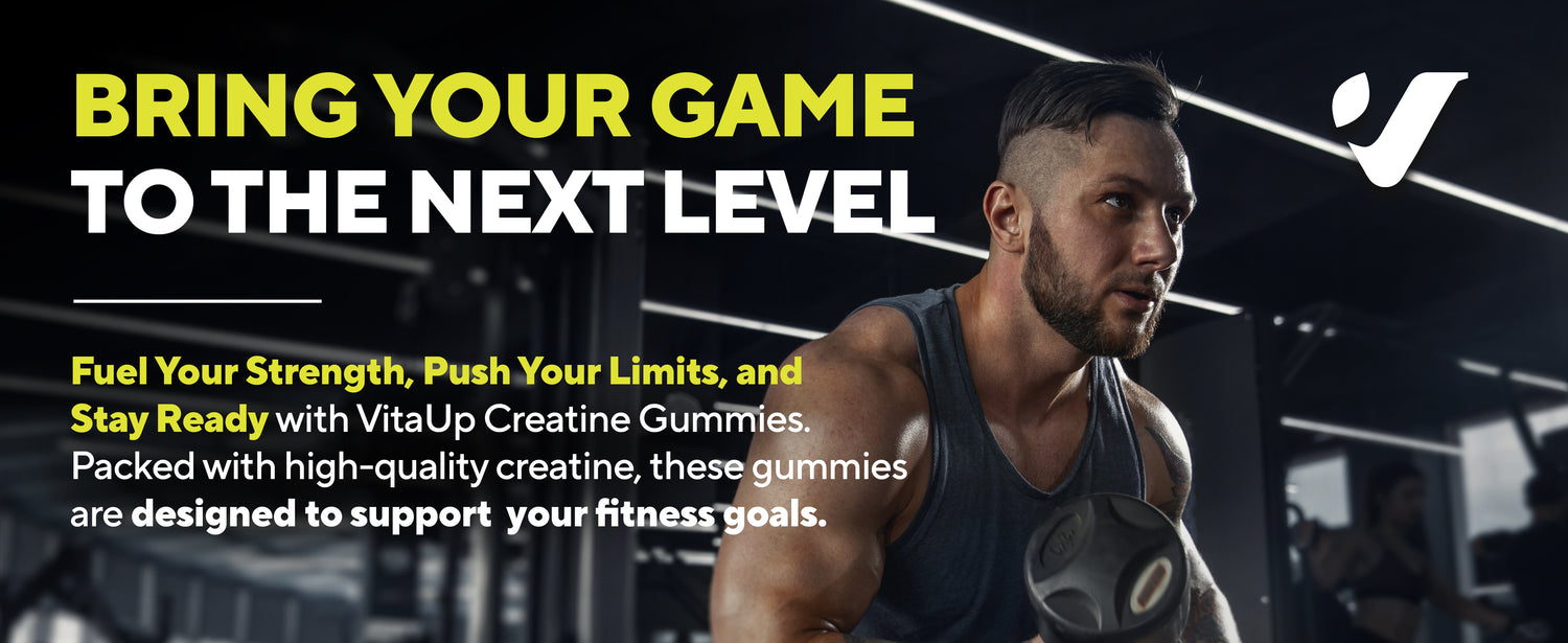 Muscular man in gym holding a shaker cup with VitaUp Creatine Monohydrate Gummies displayed in front, highlighting product benefits like easy absorption and workout support.