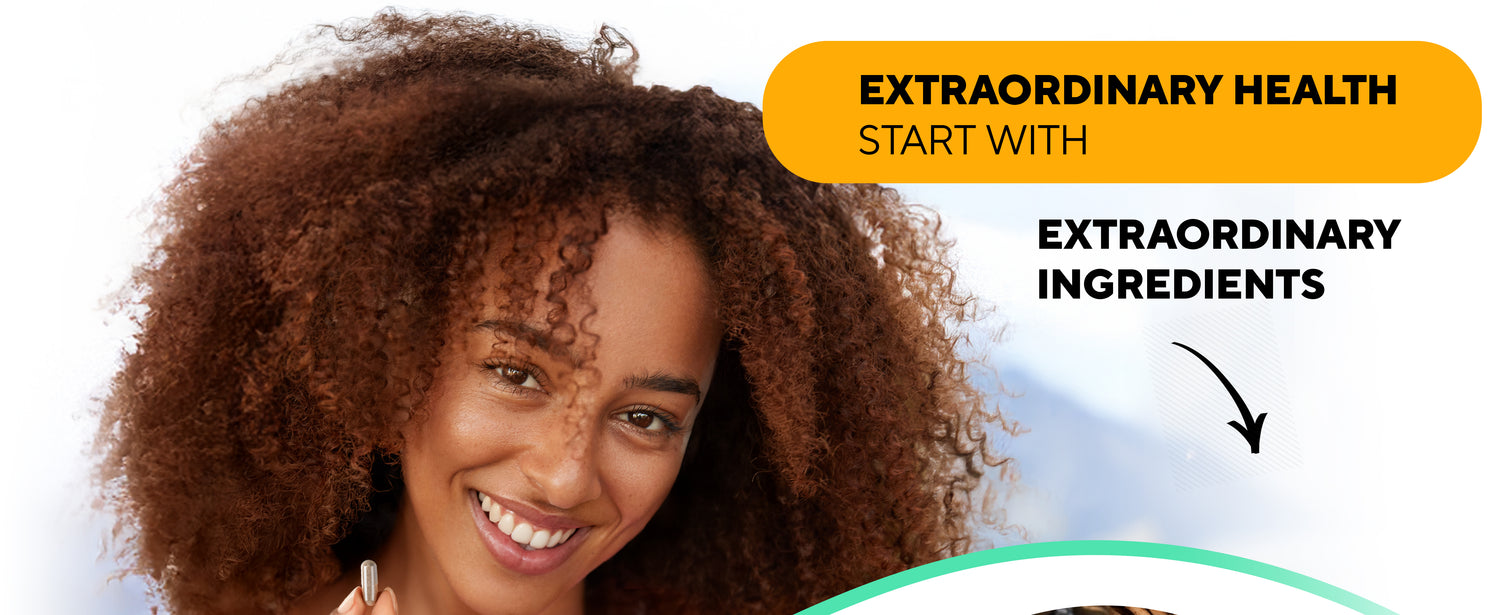 Woman smiling with VitaUp Complex Shilajit, highlighting extraordinary health through premium superfood ingredients.
