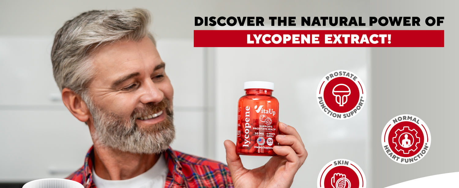 Happy man holding VitaUp Lycopene bottle with visual benefits such as prostate support, heart health, skin enhancement, and immune support, alongside tomatoes and supplement capsules in a vibrant lifestyle setting.