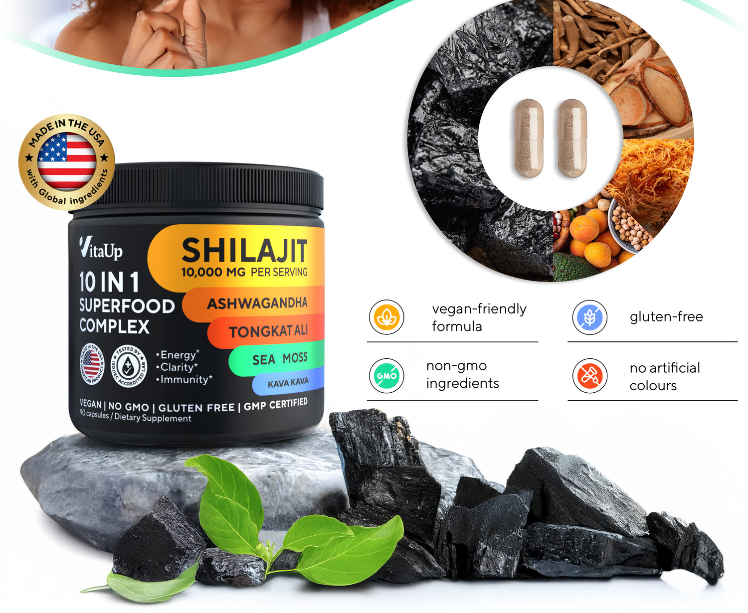 VitaUp Complex Shilajit jar on natural rock surface with illustrated ingredients like sea moss, tongkat ali, and ashwagandha, showcasing clean-label attributes such as vegan-friendly, gluten-free, and non-GMO.