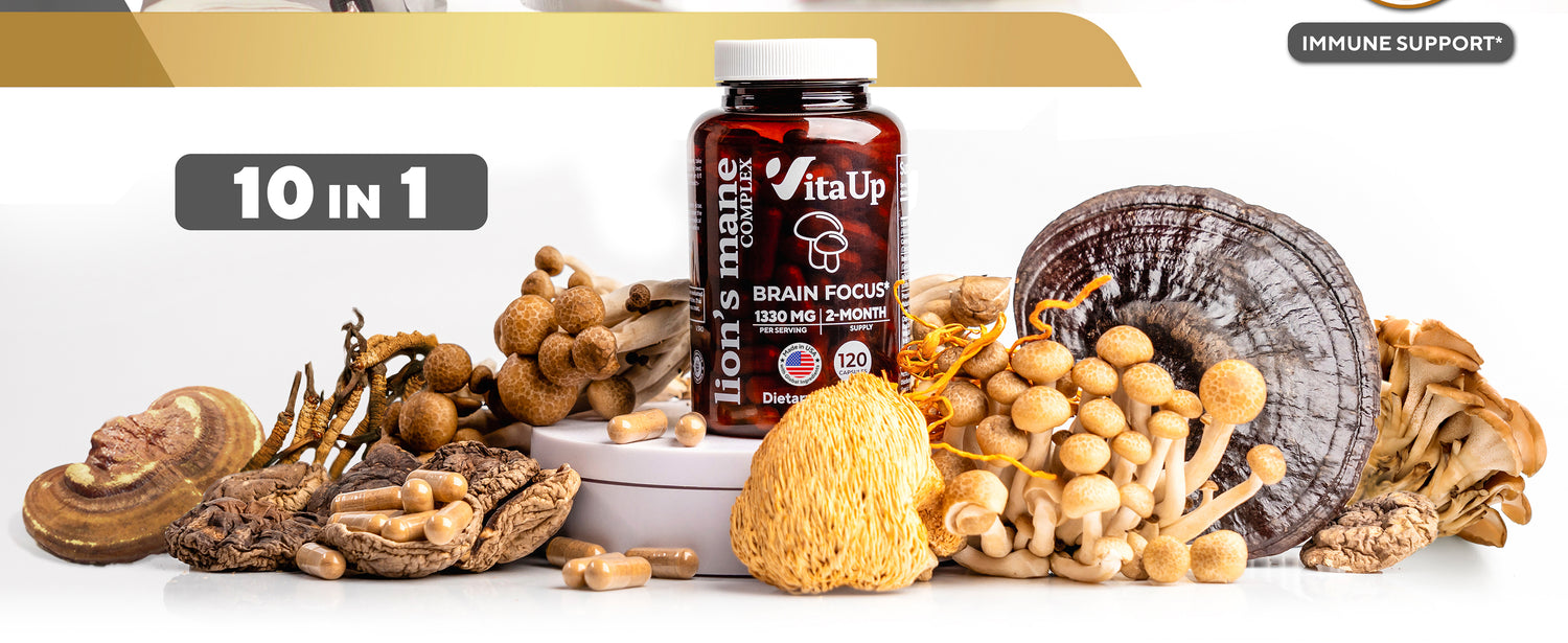 Promotional banner for VitaUp Lion’s Mane Complex highlighting its 10-in-1 mushroom formula with memory, focus, energy, and immune support, featuring both a man holding the product and an ingredient visual with mushrooms.