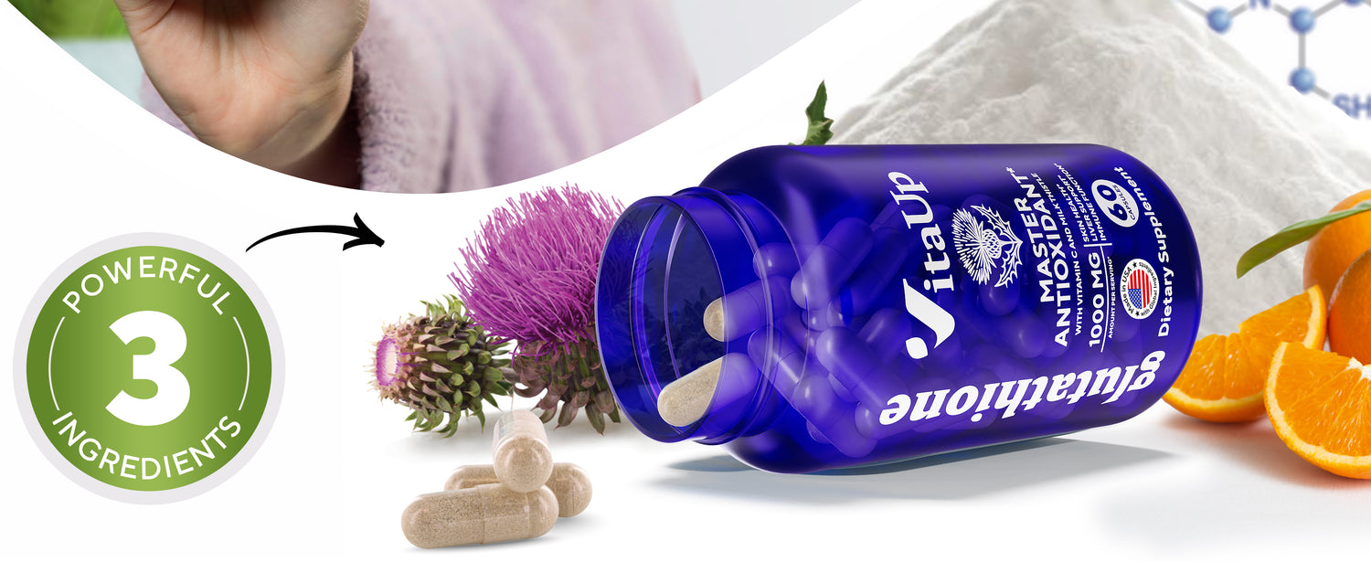 Promotional banner for VitaUp Glutathione supplement featuring three powerful ingredients, product benefits for skin, immunity, and liver, and an open bottle surrounded by powder and botanicals for a wellness-focused visual impact.