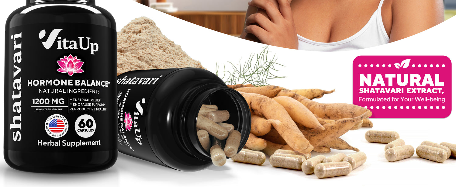 Vibrant Shatavari supplement banner featuring a woman smiling with eyes closed, holding the bottle, surrounded by the product capsules, natural Shatavari roots, and callouts for female wellness, menstrual balance, and reproductive support.