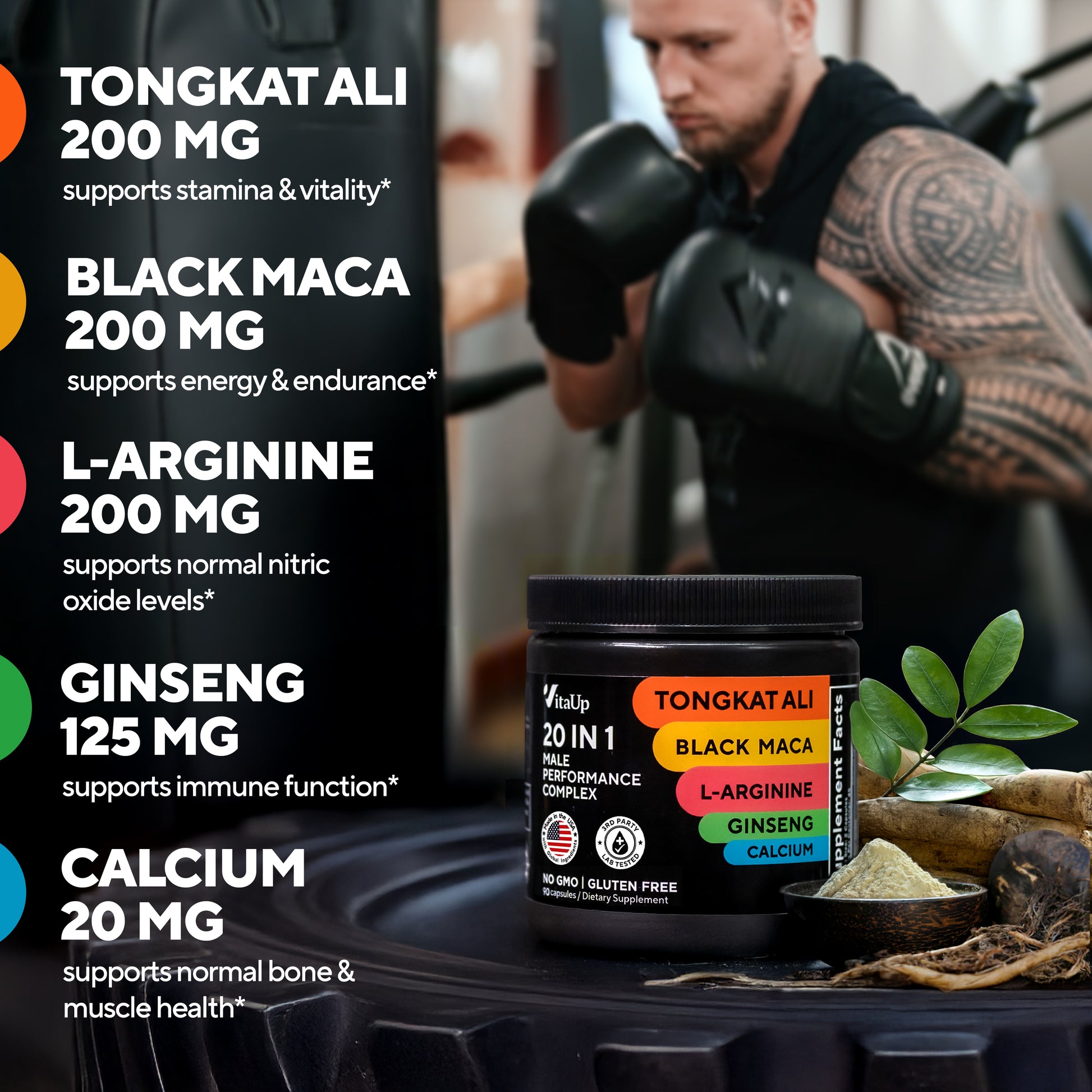 VitaUp Male Performance Complex supplement jar with highlights of key ingredients: Tongkat Ali 200 mg for stamina and vitality, Black Maca 200 mg for energy and endurance, L-Arginine 200 mg for nitric oxide support, Ginseng 125 mg for immune function, and Calcium 20 mg for bone and muscle health. A man in boxing gloves trains in the background, symbolizing strength and performance