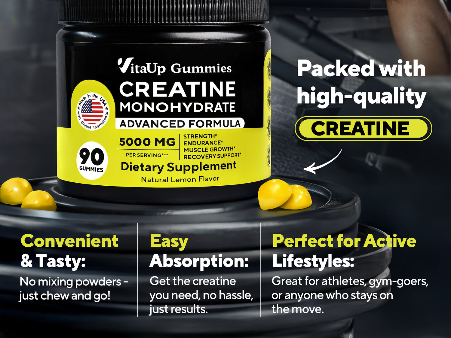Close-up of VitaUp Creatine Monohydrate Gummies with vibrant lemon slices and icons emphasizing that the product is made in an FDA-registered facility, vegan, GMP-certified, and non-GMO.