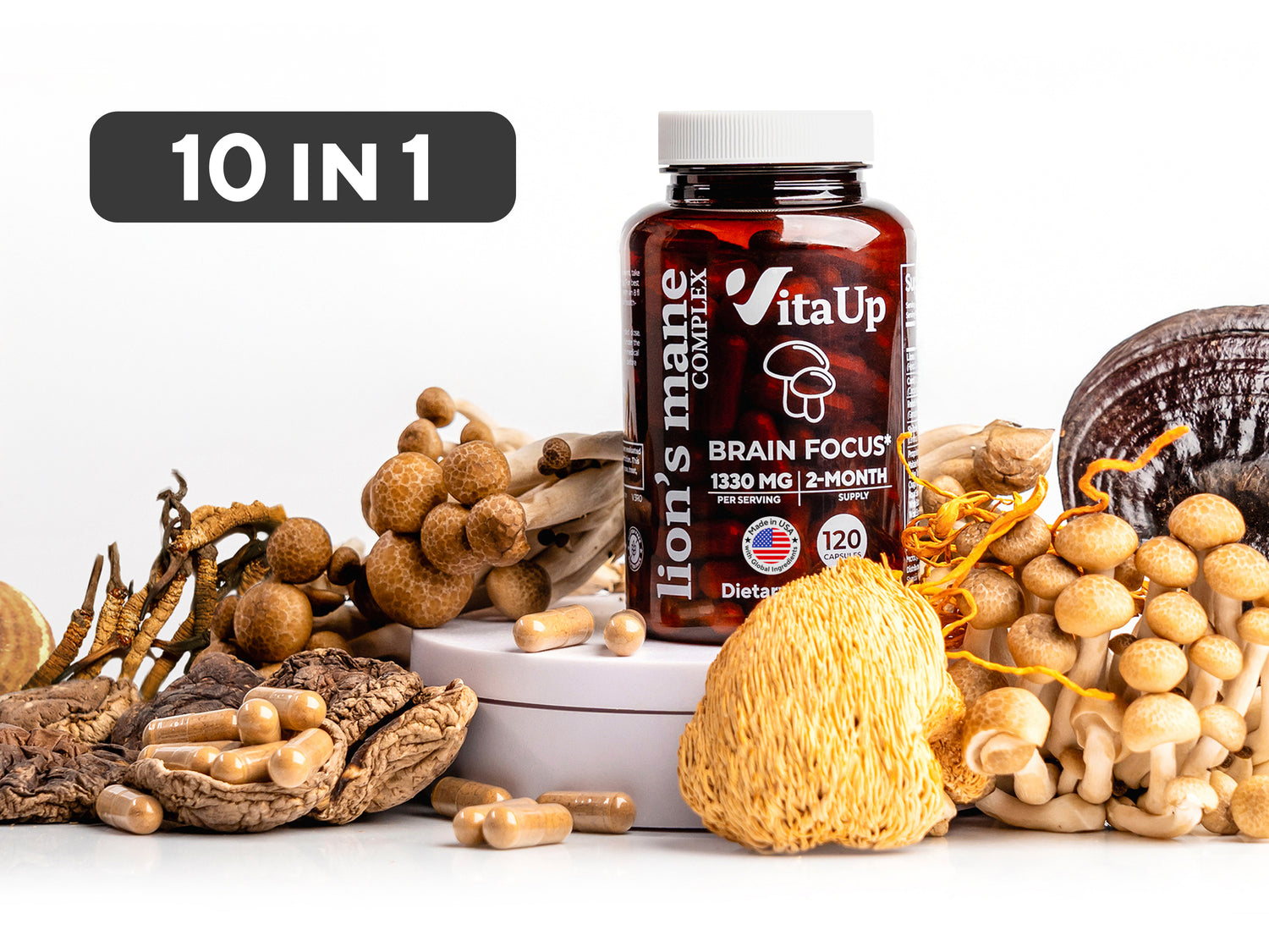 Promotional banner for VitaUp Lion’s Mane Complex highlighting its 10-in-1 mushroom formula with memory, focus, energy, and immune support, featuring both a man holding the product and an ingredient visual with mushrooms.