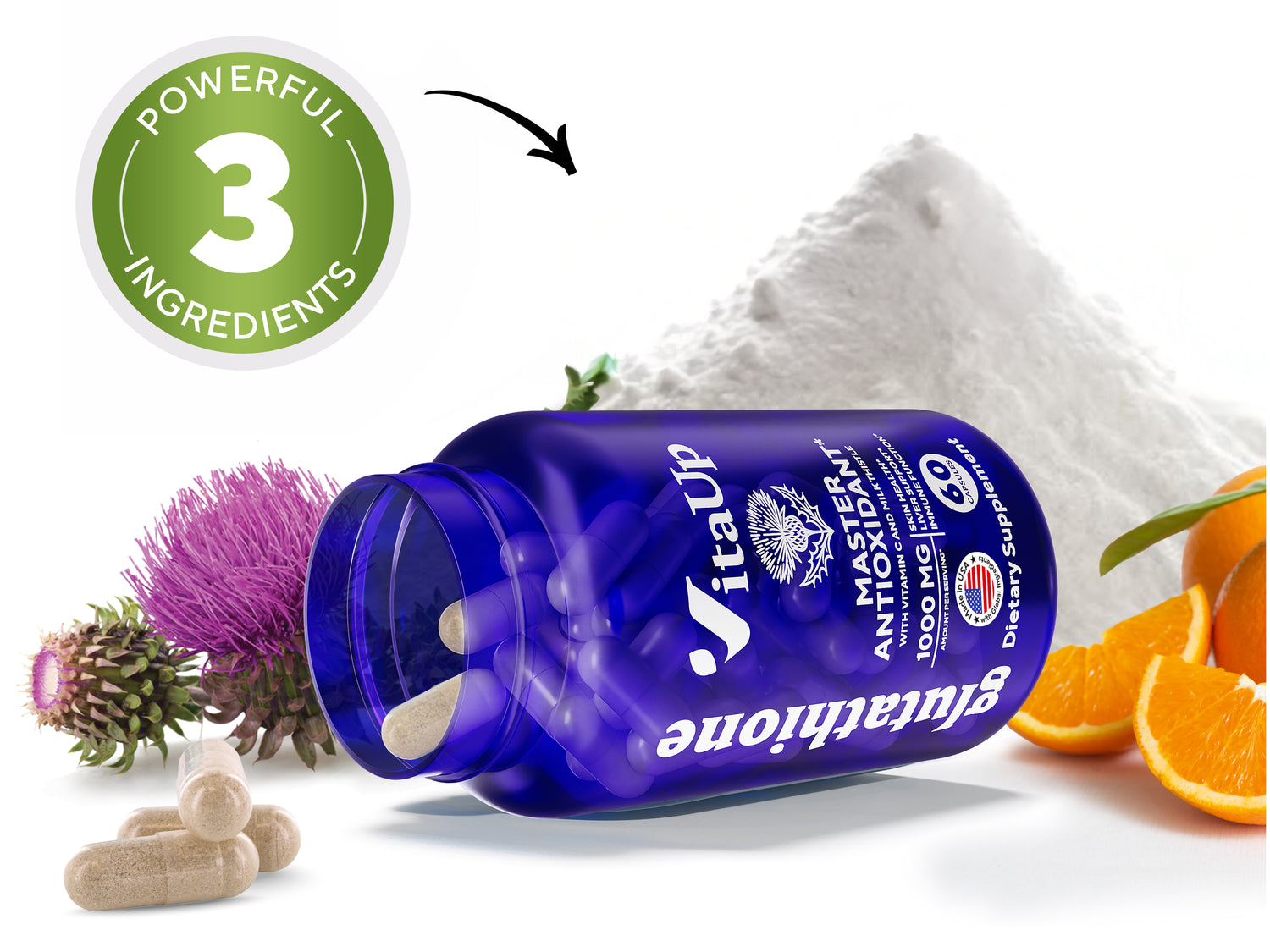 Promotional banner for VitaUp Glutathione supplement featuring three powerful ingredients, product benefits for skin, immunity, and liver, and an open bottle surrounded by powder and botanicals for a wellness-focused visual impact.