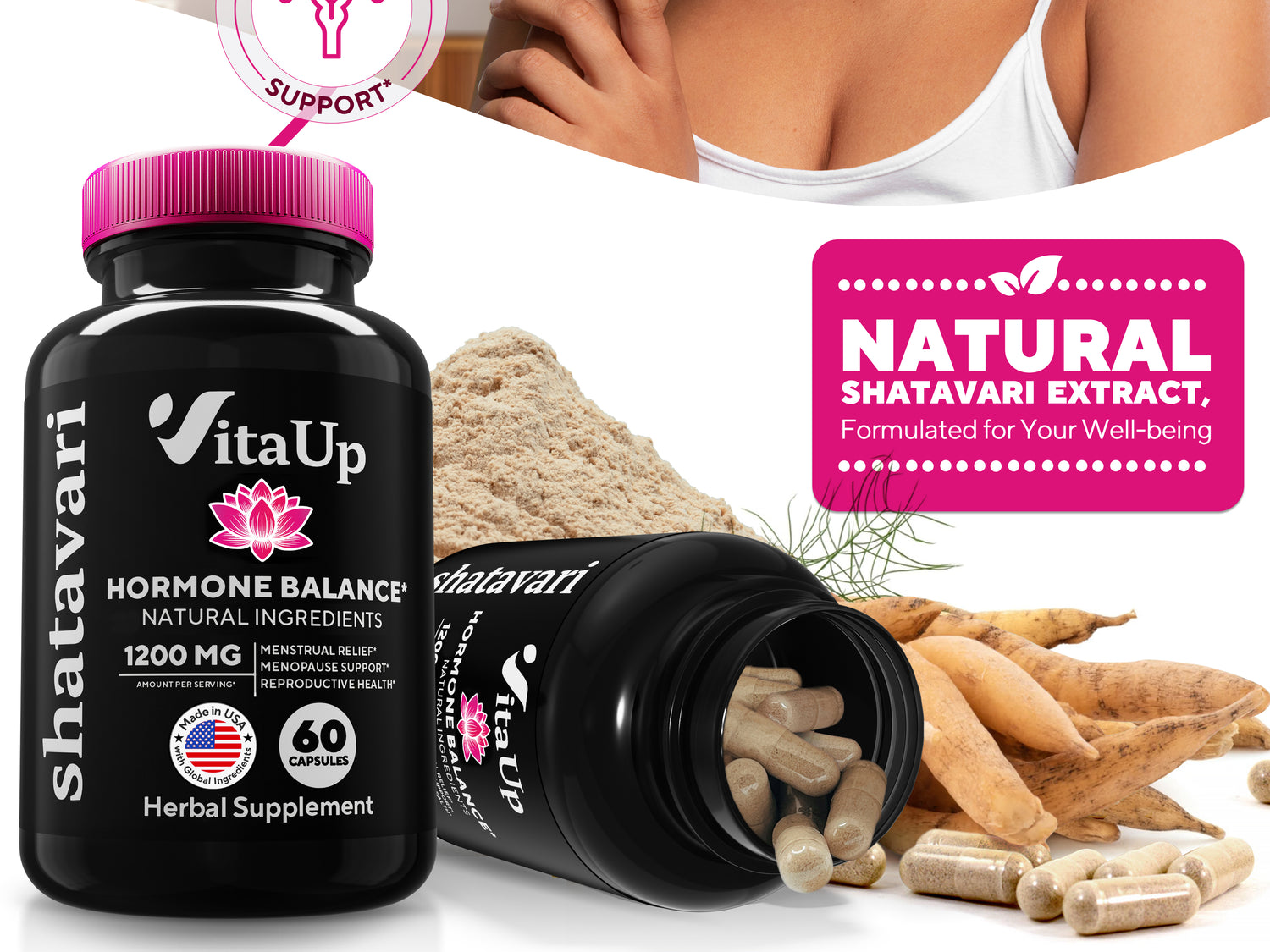Vibrant Shatavari supplement banner featuring a woman smiling with eyes closed, holding the bottle, surrounded by the product capsules, natural Shatavari roots, and callouts for female wellness, menstrual balance, and reproductive support.