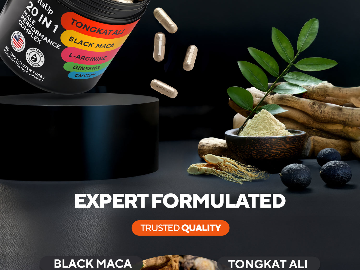 open black jar of male complex with tongkat ali for men and beige capsules on top