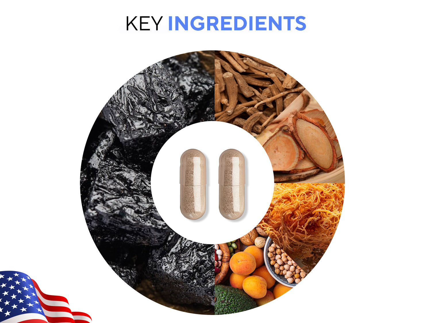 VitaUp Complex Shilajit jar on natural rock surface with illustrated ingredients like sea moss, tongkat ali, and ashwagandha, showcasing clean-label attributes such as vegan-friendly, gluten-free, and non-GMO.