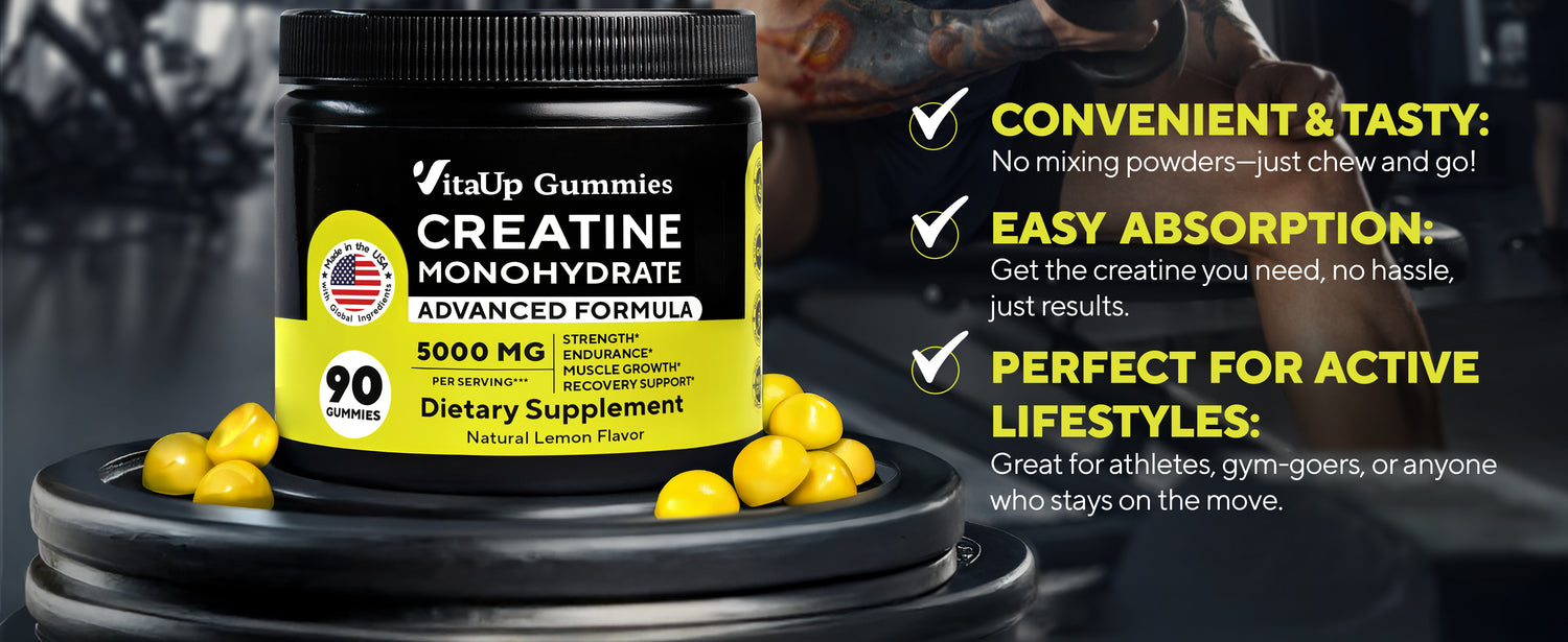 Close-up of VitaUp Creatine Monohydrate Gummies with vibrant lemon slices and icons emphasizing that the product is made in an FDA-registered facility, vegan, GMP-certified, and non-GMO.