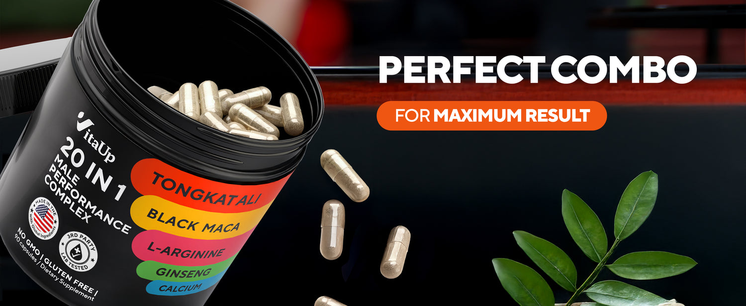 open black jar of male complex with tongkat ali for men and beige capsules on top