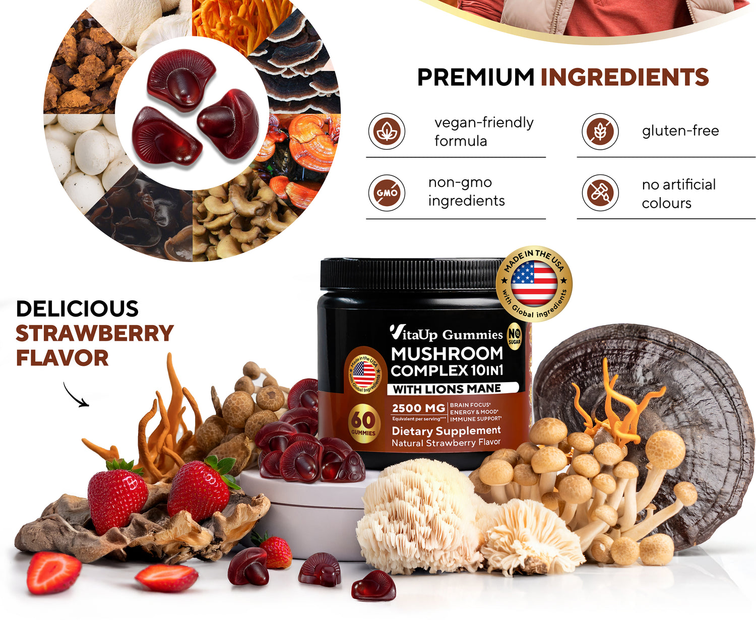 Promotional banner for VitaUp Mushroom Complex 10-in-1 Gummies featuring hikers, key premium ingredients like Lions Mane and reishi, and product benefits including brain focus, immune support, and energy boost.