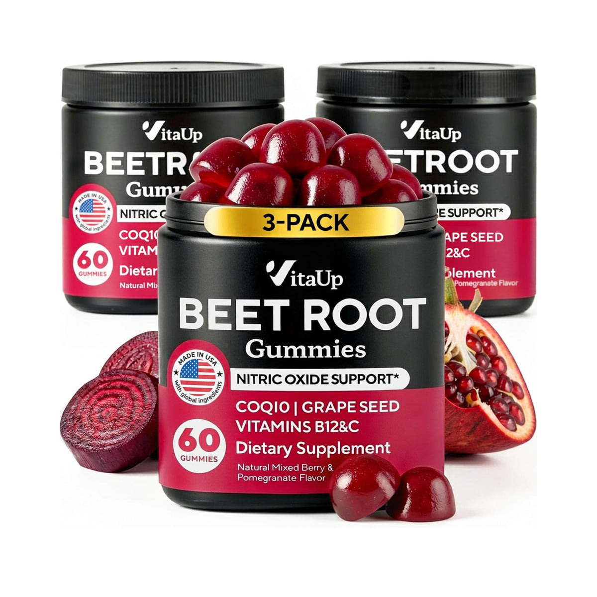 Beet Root Gummies – Beetroot Gummies with CoQ10, Grape Seed, Vitamin C, B12 & B3 – Beets Gummies for Circulation, Energy & Immune Support – 60 Beets Chews – Pack of 3
